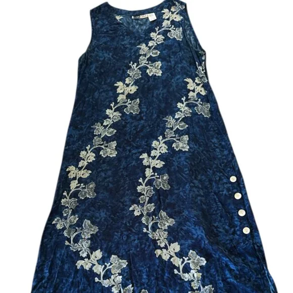 La Cera Blue Floral Rayon Sleeveless Dress Size S Boho Summer Midi - Picture 1 of 8